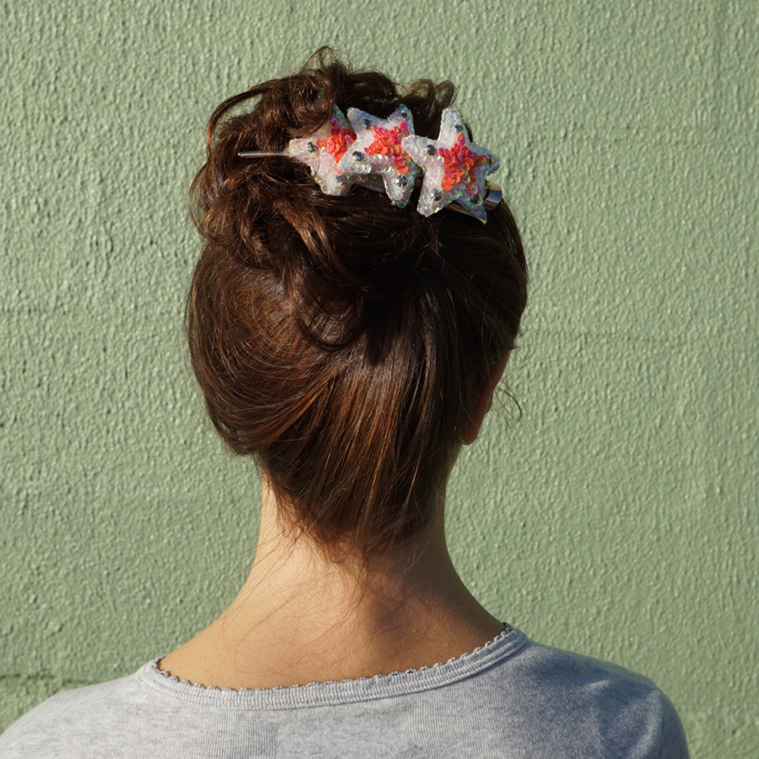 3 Pink Stars-Sequence Hair Clips