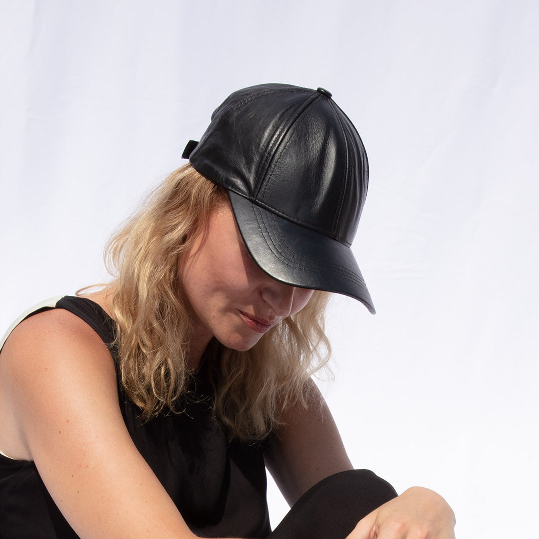 Black Genuine Leather Baseball Cap with Bow