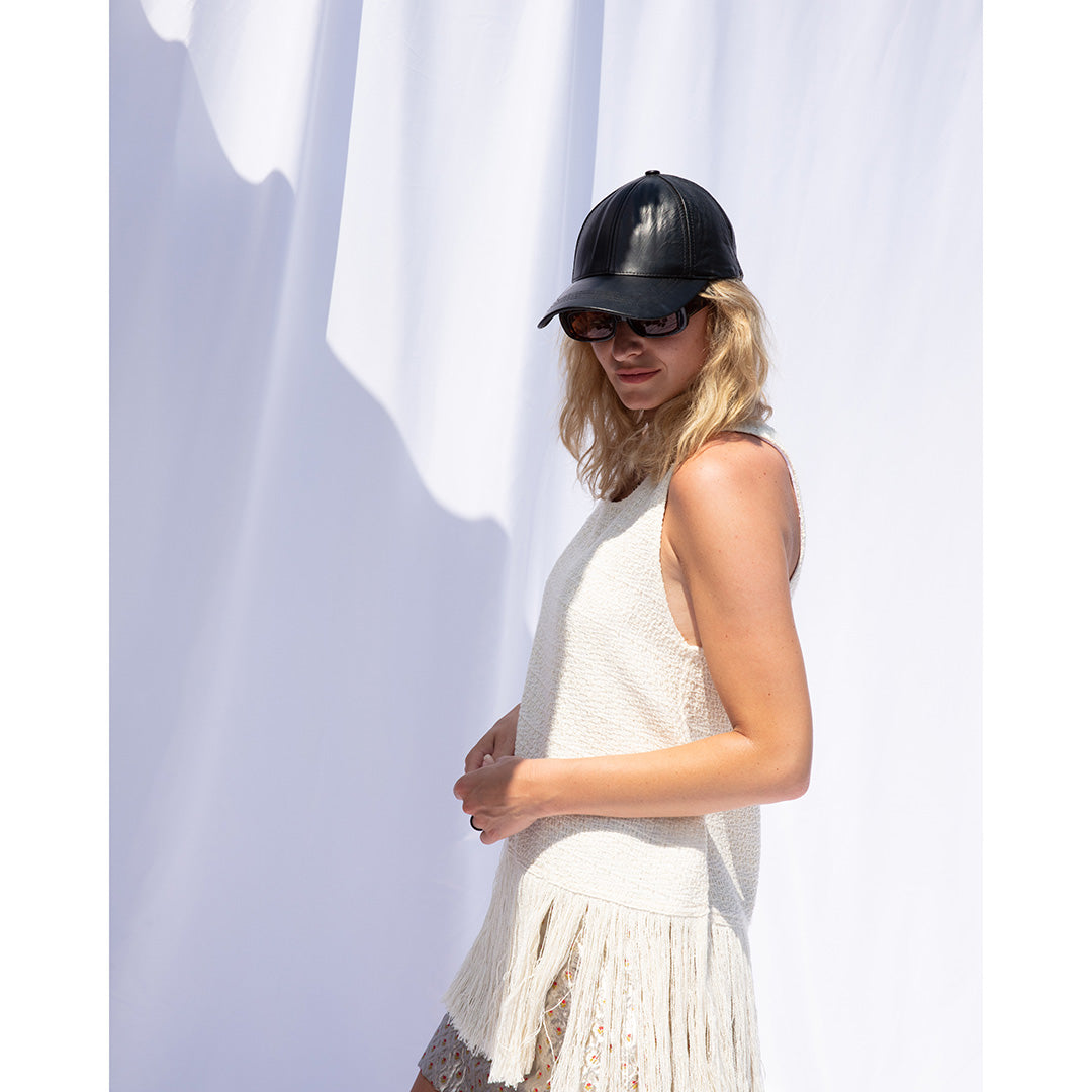 Black Genuine Leather Baseball Cap with Bow