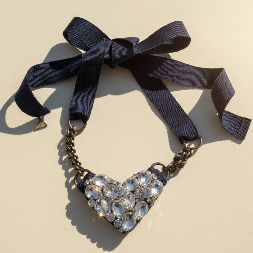 Crystal Heart Ribbon Necklace - Rhinestone Womens Embellished Accessory