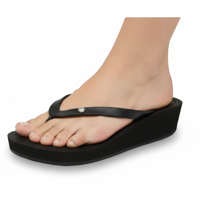 1 Circle Studs Small  - Crystal Rhinestone Charm Mid Wedge Flip Flops Sandals Women