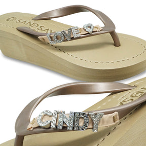 Personalized Monogrammed Flip Flops with Crystal Rhinestone Charm- Mid Wedge Sandals Women