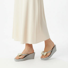 Gold and Pearl bow- Embellished Women's High Wedge Flip Flops Sandal
