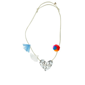 Crystal Heart- Rhinestone Embellished Kids Pom Pom Necklace