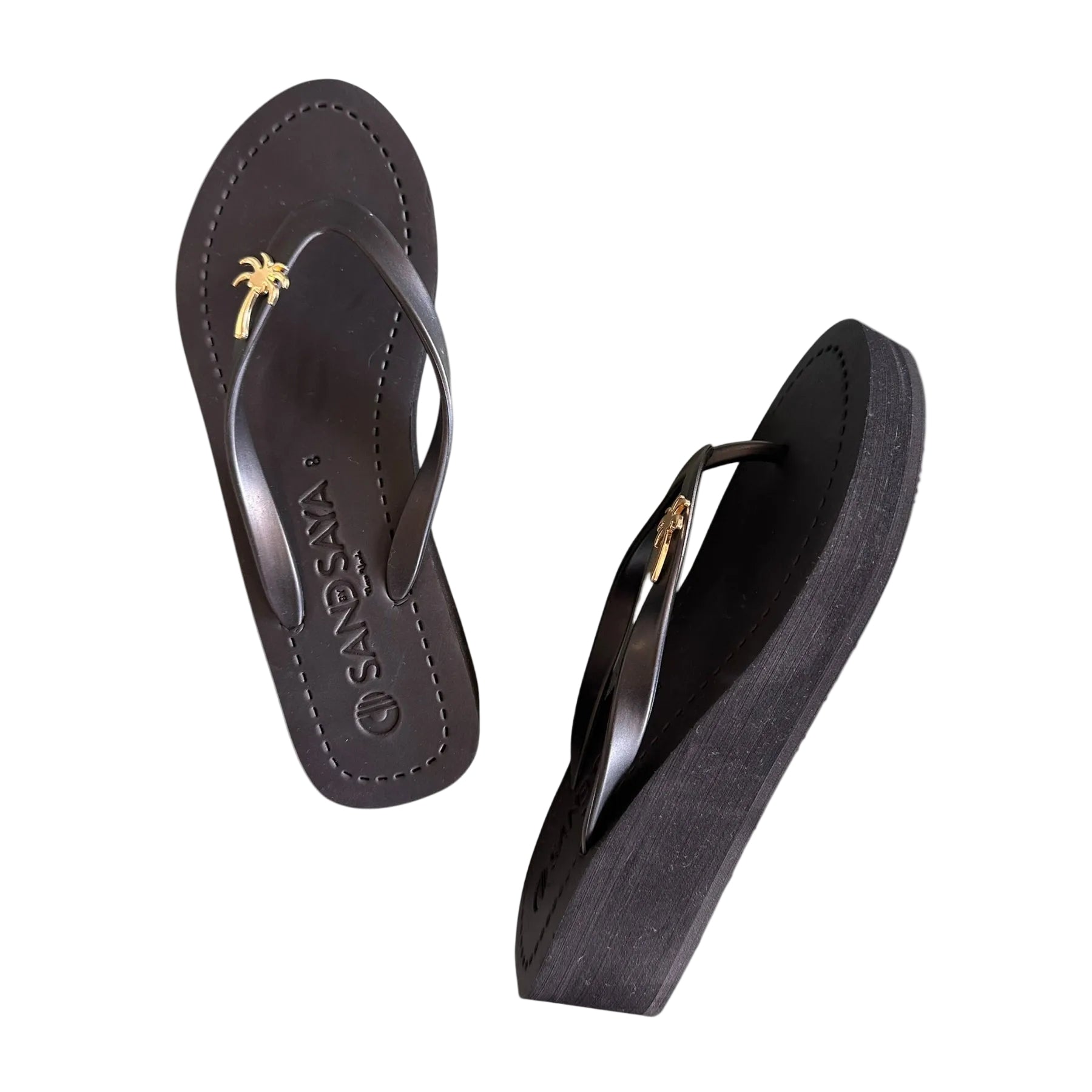 Gold Palm Tree  - Studs Charm Mid Wedge Flip Flops Sandals
