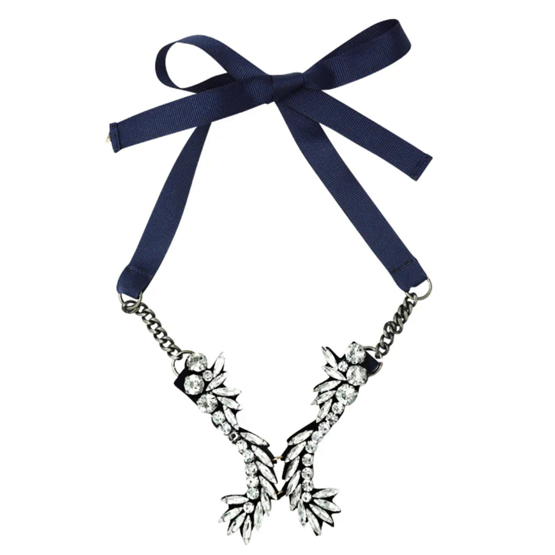 Crystal V-Motif Necklace with Navy Ribbon | Handmade in NYC-Nomad