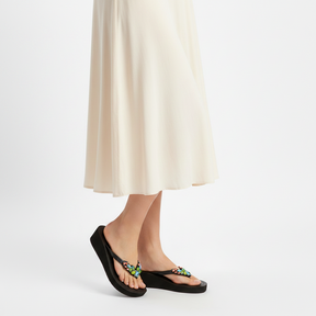 Cactus - Rhine Stone Embroidered Mid Wedge Flip Flops Sandal