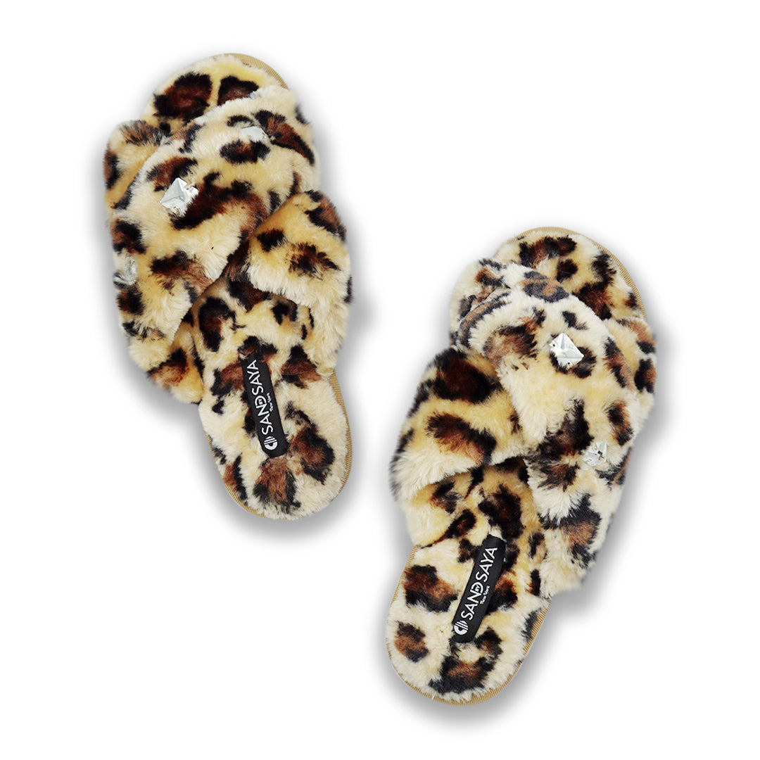 Leopard Fur Slippers - Crystal Studs Embellished Ultra Fluffy Womens Room Shoes