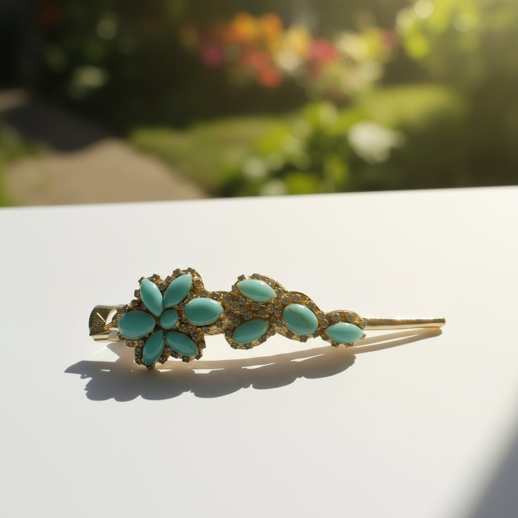 Brooklyn Turquoise Flower Hair Clips - Rhine Stone Embellished Accessory