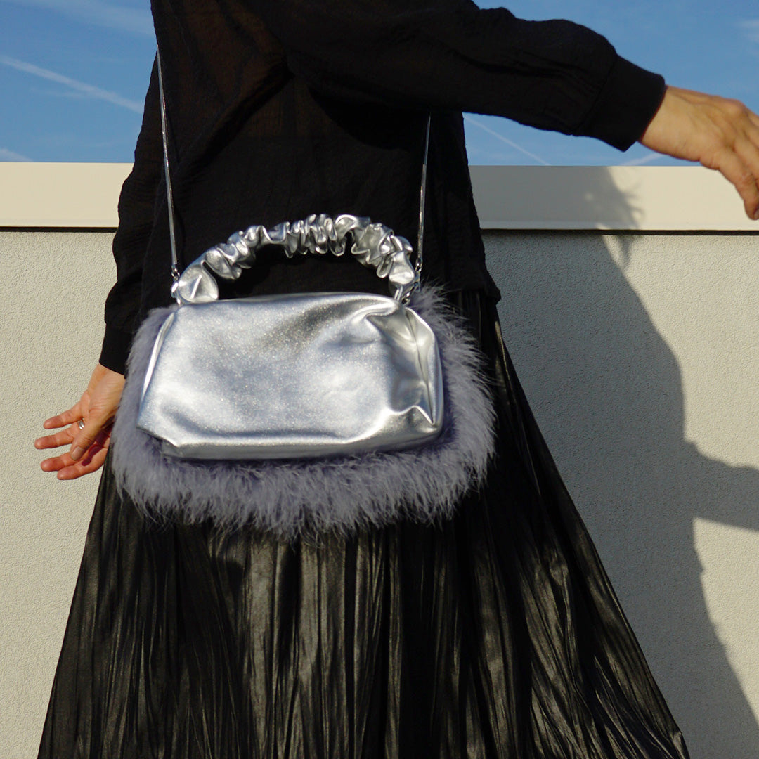 Silver Feather Faux Leather Bag