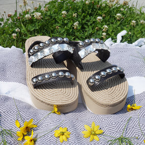 Crystal Studded Slide Sandals – Designed in New York for New Yorkers: Waterproof Espadrille Platform Wedge Sandal