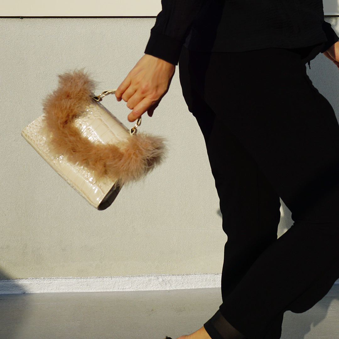 Beige Mini Bag with Crocodile Texture & Feather Embellishment