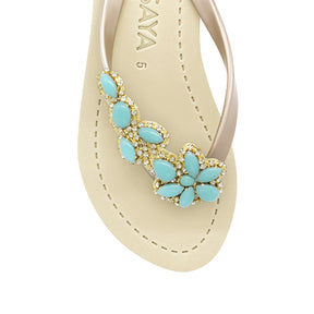Brooklyn - Turquoise Flower Rhinestone Embellished Mid Wedge Flip Flops