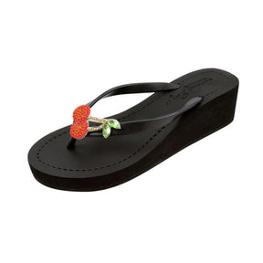 Black Women's Mid Wedge Sandals with Cherry, Flip Flops summer 