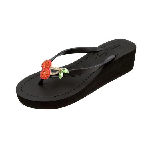 Black Women's Mid Wedge Sandals with Cherry, Flip Flops summer 