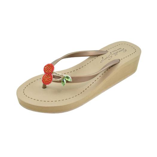 Gold Women's Mid Wedge Sandals with Cherry, Flip Flops summer 