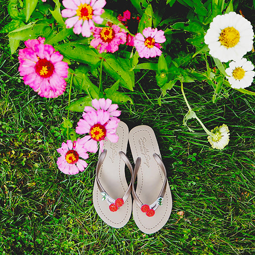 Gold Women's Mid Wedge Sandals with Cherry, Flip Flops summer 