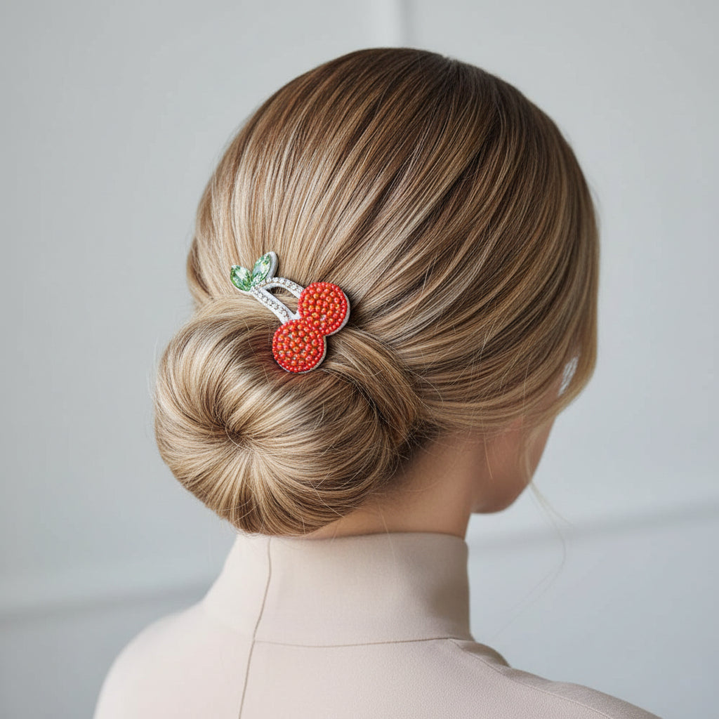 A red and silver hair tie with a cherry design, embellished with rhinestones, worn in a bun.