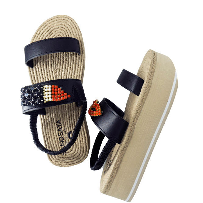 Lips Waterproof Espadrille Platform Wedge Sandals for Women | Red Crystal Embroidery