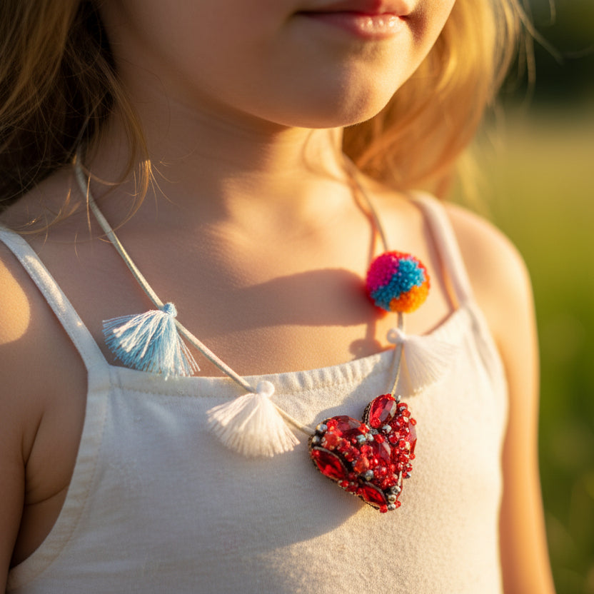Chelsea Red Heart Kids Pom Pom Necklace