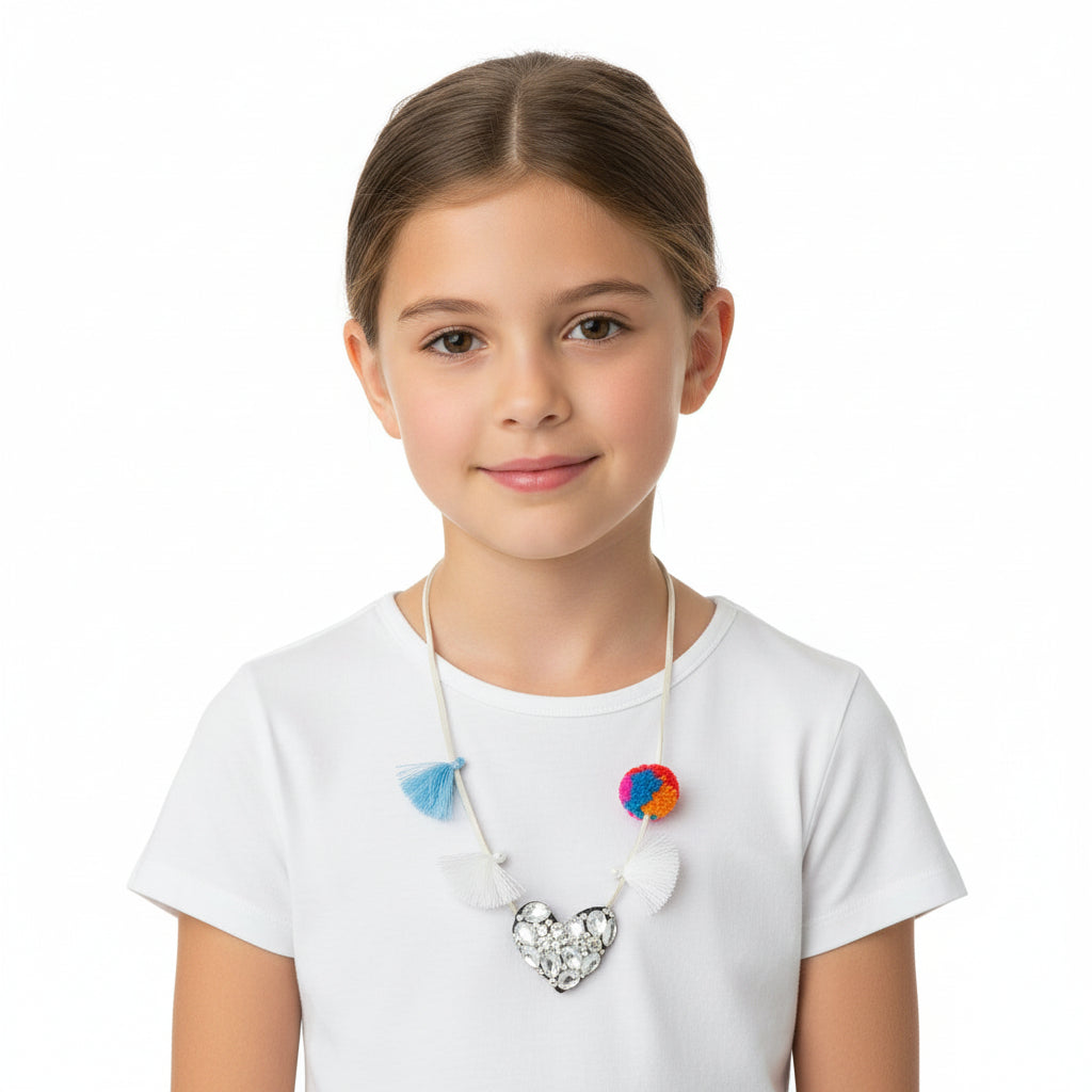 Chelsea Crystal Heart Kids Pom Pom Neclace
