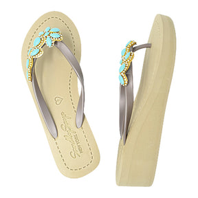 Brooklyn - Women's Flat Sandal, Blue Turquoise, Flower