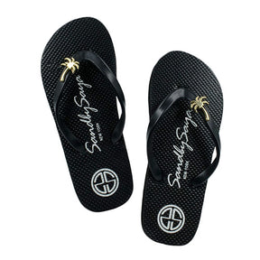 Gold, Palm Tree, Stud, Black, Flat, Comfortable, Sandal