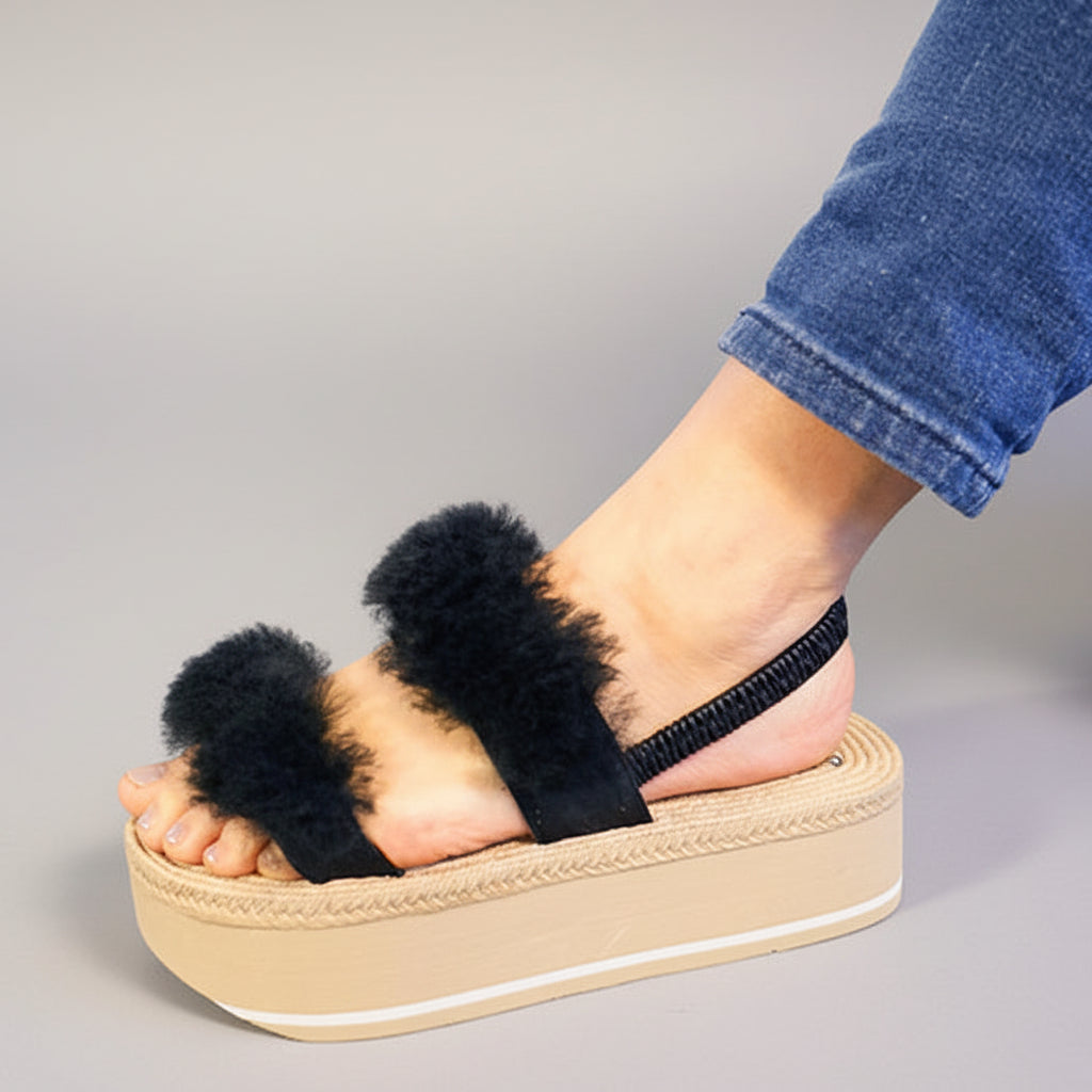 Sheep Fur - Waterproof Espadrille Platform Black