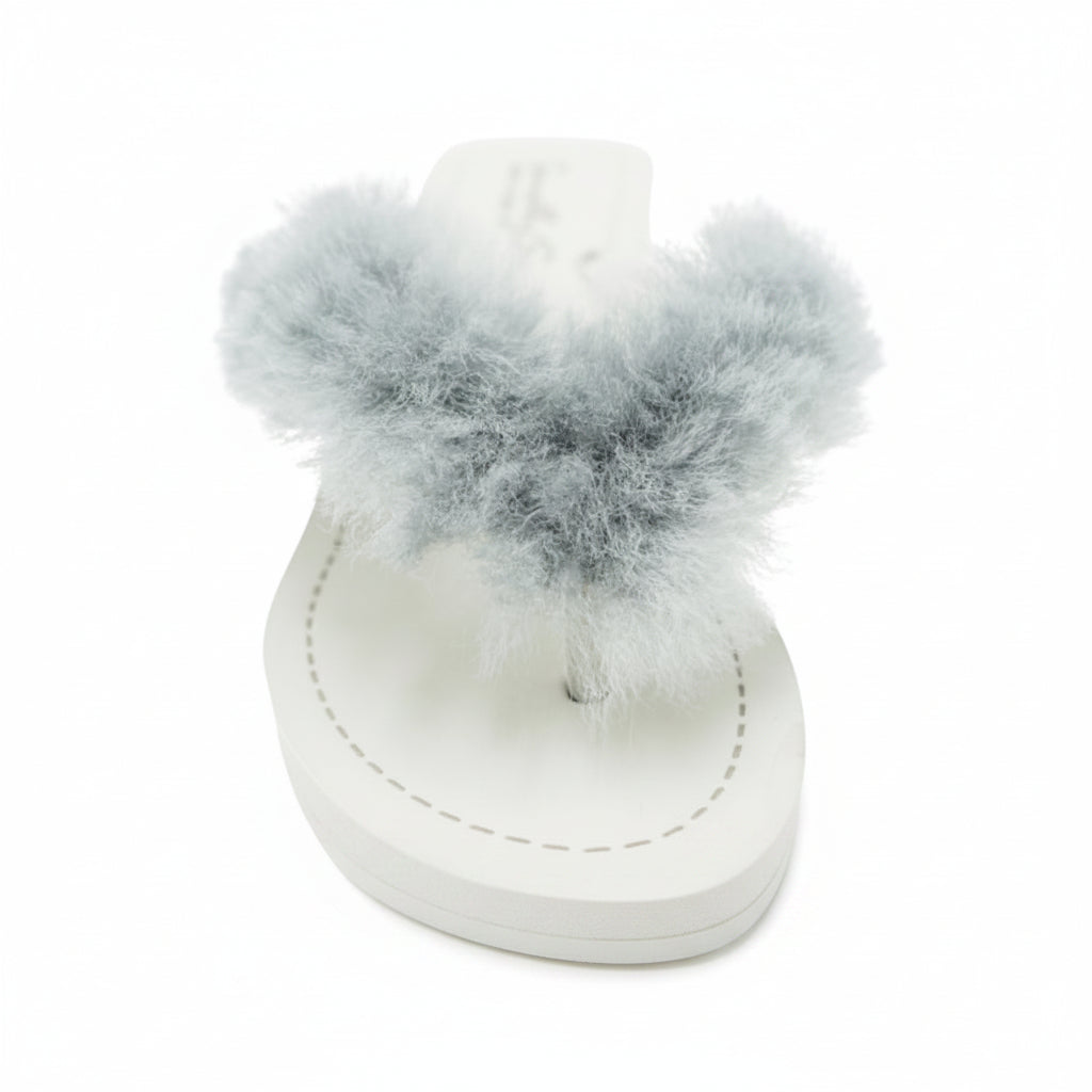 Sheep Fur -Gray Genuine Fur Embellished Women's High Wedge Flip Flops Sandal