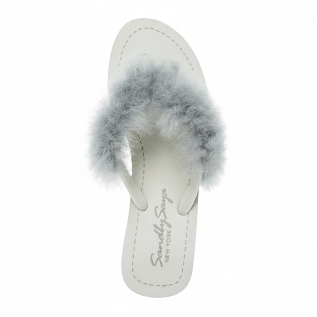 Sheep Fur -Gray Genuine Fur Embellished Women's High Wedge Flip Flops Sandal