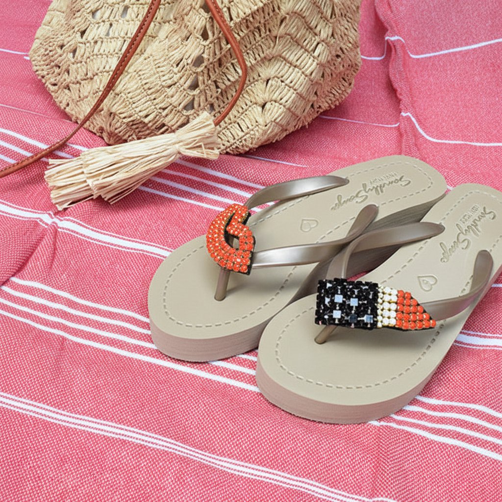 Lipstick - Rhinestone Mid Wedge Flip Flops-Red Crystal Embroidery Motifs